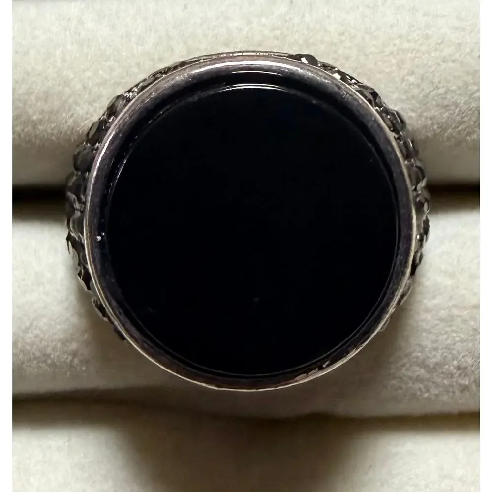 Black Stone Statement Ring Size 8 Silver Tone Pavé Cocktail Ring